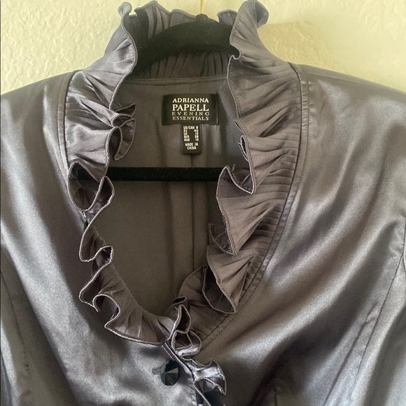 - Adrianna Papell Satin Ruffle Blazer Classic Evening Jacket Dark Gray Siz… - Picture 3 of 8